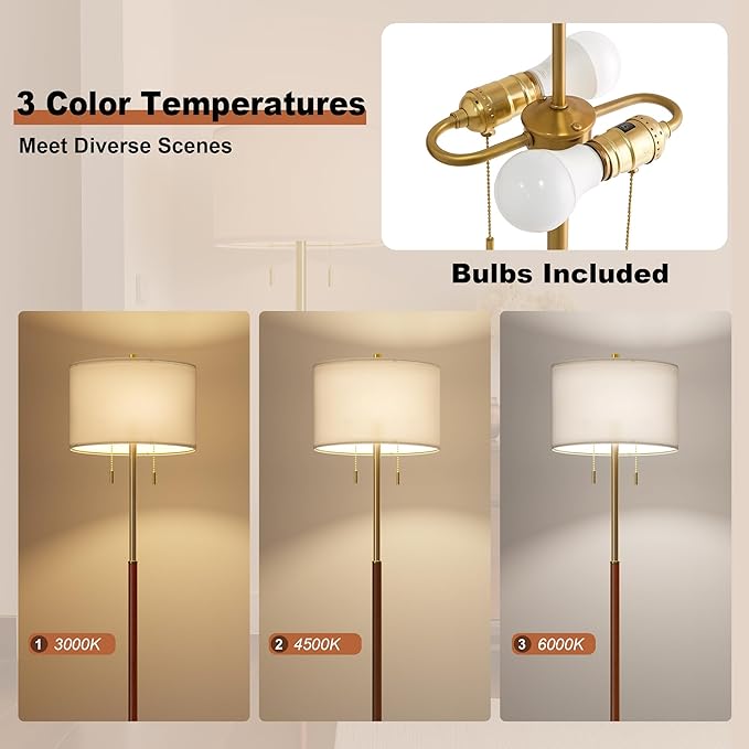 61" Wood Floor Lamp for Living Room 2-Light Standing Tall Lamps Mid Century Modern Floor Lamps for Bedroom Office Nursery Corner Industrial Reading Room Lamp, 3 Color Temperatures 9W Bulbs Included - Bloomnest