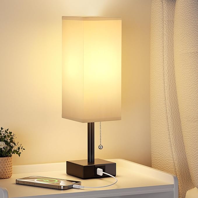 Gray Small Bedroom Lamp - 3 Color Temperature 3000K 5000K 4000K Bedside Lamp, Pull Chain Control, USB A and C Charging Ports, Black Base, for Kids Office Dorm, Bulb Included - Bloomnest