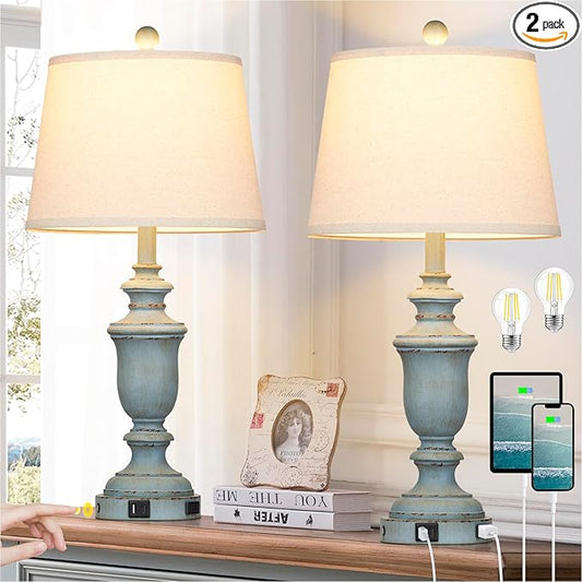 25.6" Coastal Table Lamps Set of 2 with USB C+A Ports & AC Outlet for Rustic Living Room Retro Bedroom,3-Way Dimmable Touch Lamp Bedside Lamps for Nightstand Side End Table,Retro Blue - Bloomnest