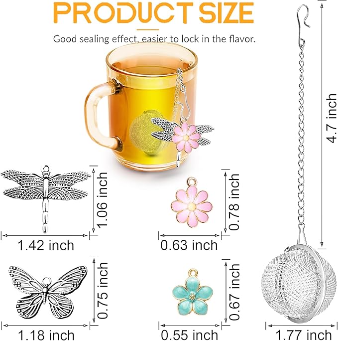 2-Pack Tea Infuser for Loose Leaf Tea, 304 Stainless Steel Tea Strainer with Butterfly, Dragonfly & Pink Blue Flower Charms, Extra Fine Mesh Tea Ball Filter, Gift for Tea Lovers
