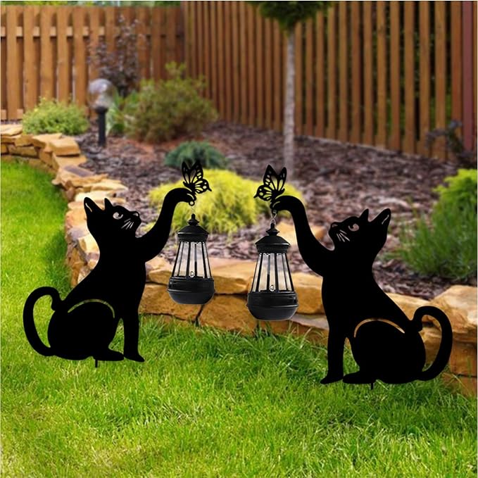 Solar-Powered Black Cat Garden Decor Stakes - Metal Silhouette Figurine for Outdoor Yard, Lawn, and Patio Decoration - Bloomnest