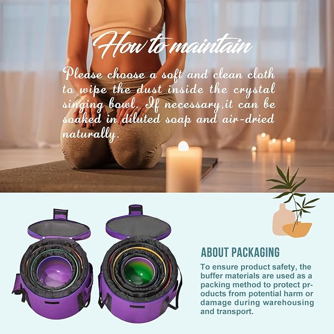 440HZ 6"-12" Set of 7 PCS Quartz Rainbow Crystal Singing Bowls Set Sound Healing with Carrying Case Mallet and Suede Striker - Bloomnest