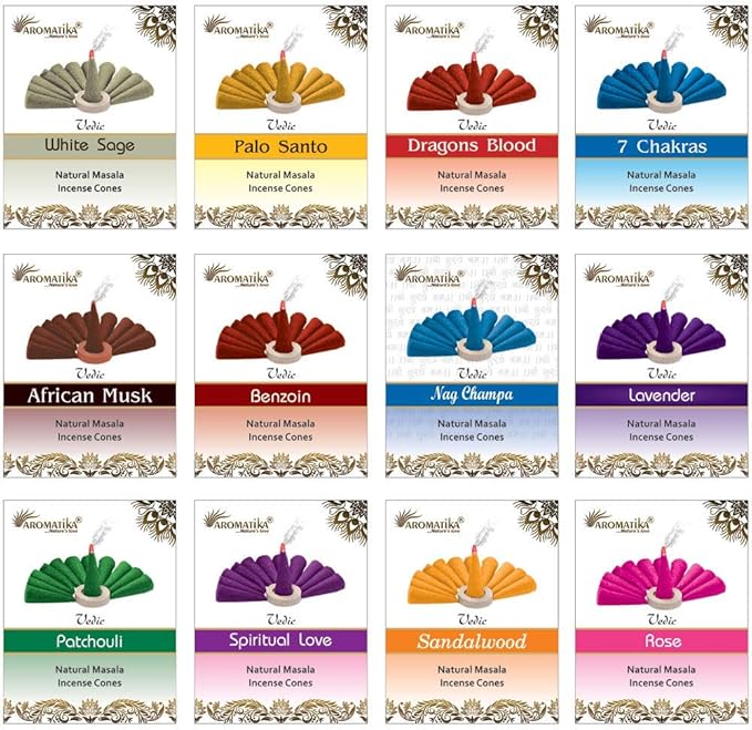 ARO VATIKA Vedic Natural Masala 120 Incense Cones in Pack of 12 Boxes |12 Assorted Fragrances Dhoop Cones | Best for Prayer, Reiki, Meditation and Relaxation | Burn time- 25 Mins (Assorted)