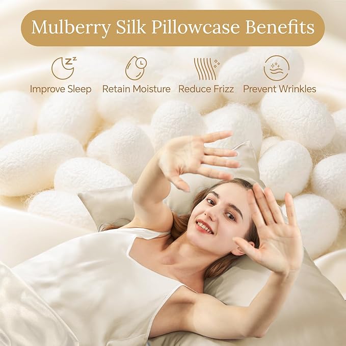 INFIIXSO Silk Pillow Cases 2 Pack Standard Size, Ultra Smooth & Soft Mulberry Silk Pillow Case for Hair and Skin, Breathable Cooling Silk Pillowcase with Hidden Zipper (Beige, 20x26 Inches) - Bloomnest
