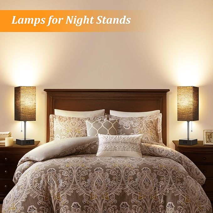 Table Lamp for Bedroom set of 2,3-Color Bedside Lamps with Pull Chain Table Lamps for Nightstand with AC Outlets, Night Light Lamps with 2 Bulbs Lamps for Living Room Kids Office Decor（Black） - Bloomnest