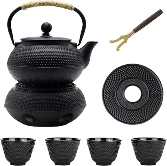 YJX Cast Iron Teapot Set with Cast Iron Warmer, Japanese Tetsubin Tea Kettle Set with Cups,Cast Iron Teapot with Stainless Steel Infuser and Enameled Interior(600ml Teapot Set Combination 1), Black - Bloomnest