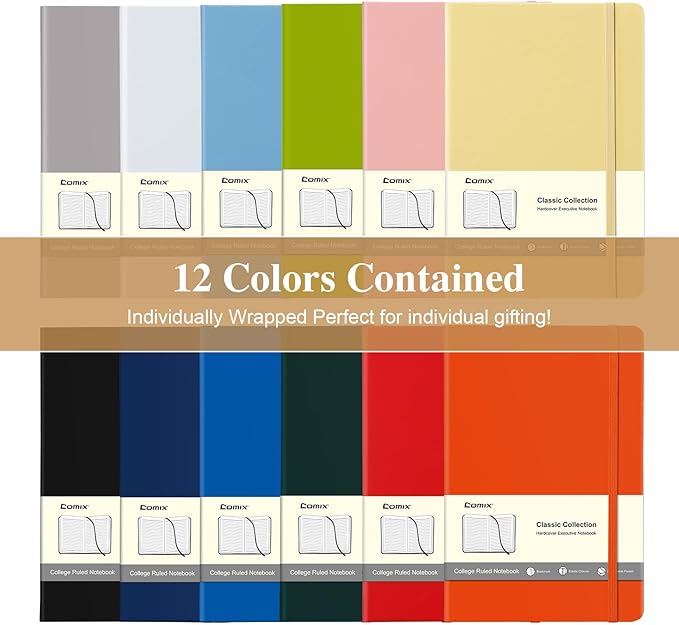 COMIX 12 Pack Lined Journal Notebooks, 240 Pages, Medium 5.5" x 8.3", Hardcover, Journaling Notebook for Work, Business Notebooks for School & Office, Journals for Women, Men - Bloomnest