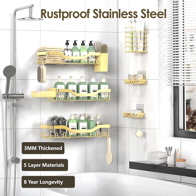 Shower Caddy Adhesive Shower Organizer 8-Pack, Rustproof Stainless Steel Bathroom Shelves, Large Capacity No-Drill Rack Storage Accessories with Soap Dish Toothbrush Holder Hooks - Bloomnest