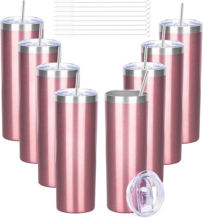 20 oz Skinny Tumblers with Lid and Straw,Stainless Steel Vacuum Insulated Tumbler Cup Double Wall Travel Coffee Mug, Thermal Water Tumbler for Hot and Cold Drinks(Rose Gold,8)