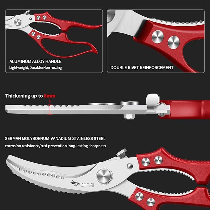 MAD SHARK Professional Heavy Duty Poultry Shears - Kitchen Shears for Spatchcocking Chicken and Meat Cutting, Multi-Purpose Kitchen Scissors for Food, Spring-loaded (Red) - Bloomnest