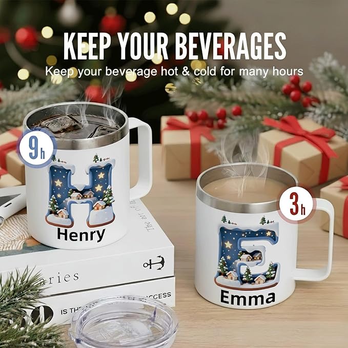 Personalized Christmas Mug with Name, 12oz Insulated Coffee Tumbler with Handle, Custom Magical Winter Village Scene Initial Cup, Holiday Xmas Gift for Women, Her (B09) - Bloomnest