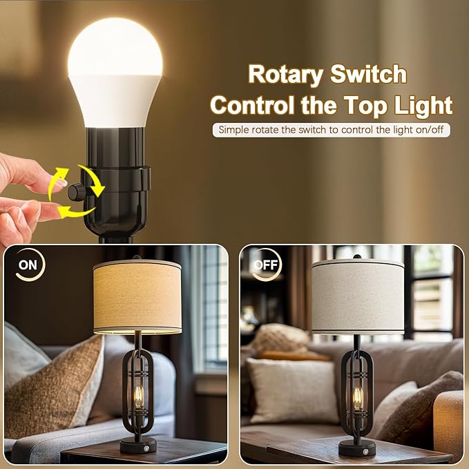 27.25'' Table Lamps Set of 2 for Living Room Bedroom Industrial Farmhouse Metal Touch Lamps with USB A+C Ports, Night Light Vintage Nightstand Bedside Lamp, Bulbs Included, Black - Bloomnest