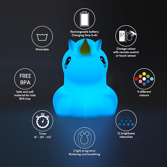 Night Lights Unicorn Nursery Lamp, Children Silicone Bedside Lighting Decorative Bedroom - Eye Caring, Adjustable Brightness & Color, Time Setting, Children's Gift Birthday Presents - Medium - Bloomnest