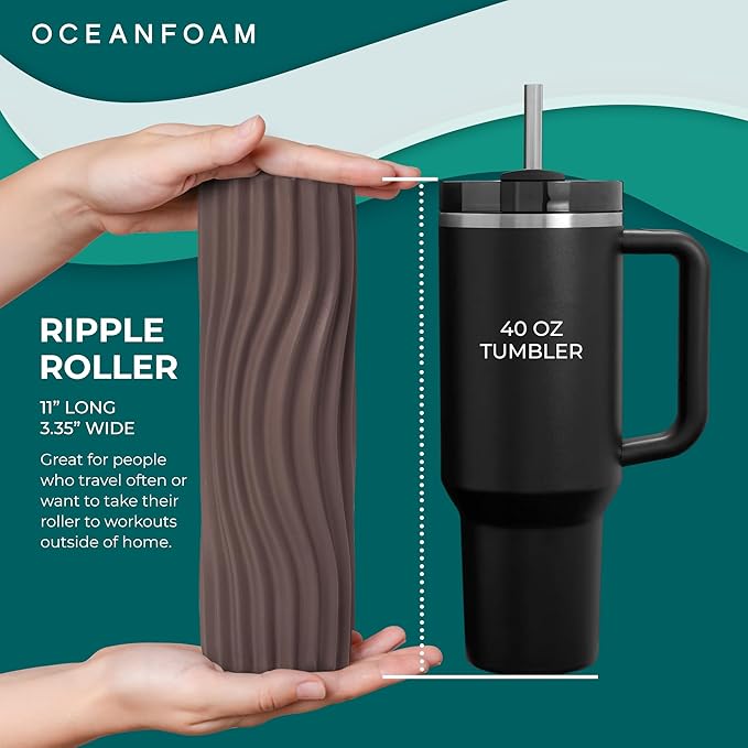 Oceanfoam Ripple Travel Foam Roller (11" x 3.35") Firm Mini Foam Roller for Physical Therapy, Deep Tissue Massage, Back Pain - High Density, Ergonomic Wave Textured - Yoga, Exercise (Espresso)