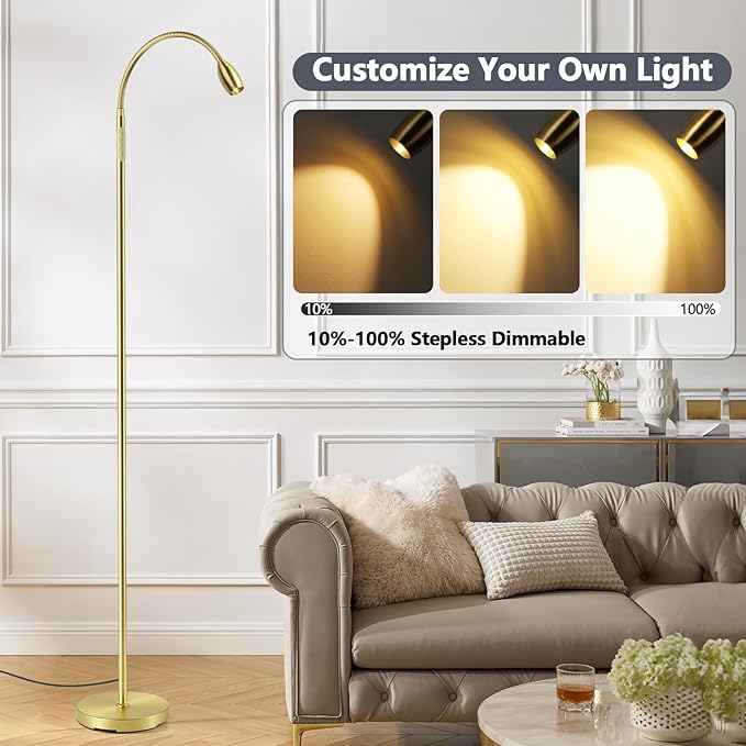 Reading Floor Lamp, 72" Tall LED Lamp with Flexible Gooseneck, Dimmable Zoomable Spotlight, Adjustable Color Beam Standing Lamp, Touch & Remote Control, Task Craft Bedroom Living Room (Antique Brass) - Bloomnest
