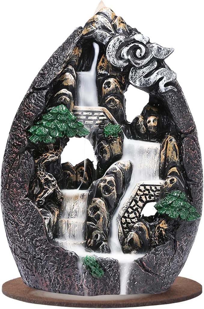 Backflow Incense Holder Resin Mountain Incense Burner Fountain Waterfall Incense Holders Home Decor with 120 Pcs Backflow Incense Cones 30 Pcs Incense Sticks (Creek) - Bloomnest