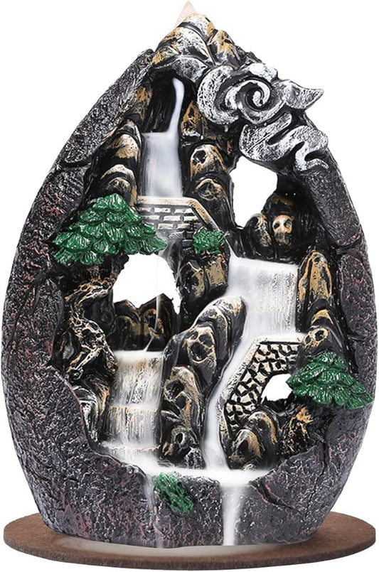 Backflow Incense Holder Resin Mountain Incense Burner Fountain Waterfall Incense Holders Home Decor with 120 Pcs Backflow Incense Cones 30 Pcs Incense Sticks (Creek) - Bloomnest