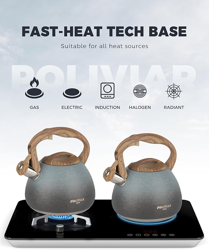 POLIVIAR Tea Kettle, 2.7 Quart Stovetop Tea Kettle, Audible Whistling Teapot with Crackle Finish, Food Grade Stainless Steel for Anti-Rust, Anti Hot Handle, Suitable for All Heat Sources (JX2023-LYL) - Bloomnest