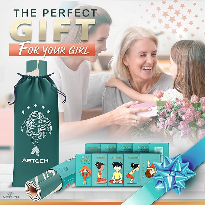 Kids Yoga Mat Set for Boys & Girls - Doll, Unicorn, Mermaid, Panda, Dinosaur and UnderWater - Chemical Free - Non-Toxic - Non-Slip - 60 X 24 X 0.2 Inches - w/ 12 Yoga Cards - Cute Carrier Bag - Ages 3-12 - Bloomnest
