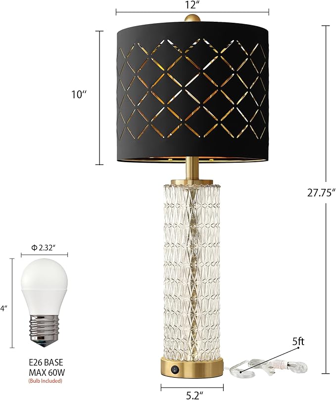 Oneach 27.75" Modern Table Lamps Set of 2, Gold Bedside Lamp with Crystal Nightlight, USB A+C, Black Grid Shade, Unique Desk Lamps for Living Room, Bedroom, Nightstand, End Table (2 Bulbs Included) - Bloomnest