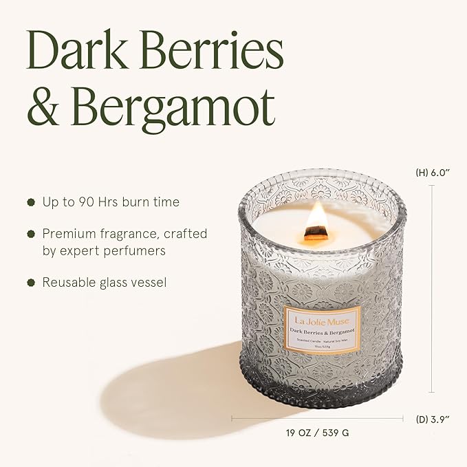 LA JOLIE MUSE Dark Berries & Bergamot Candle - Berries, Grape, Caramel | 19 oz Large Wooden Wick Candle | Natural Soy Wax | 90 Hours Clean Burn | Gift-Ready for Hosts & Gatherings | Elegant Home Décor - Bloomnest