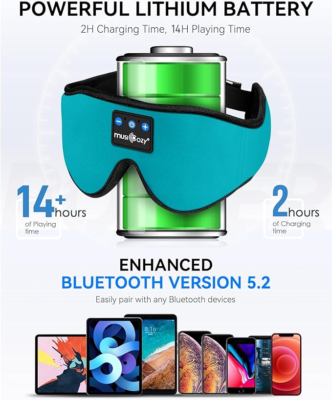 MUSICOZY Sleep Headphones 3D Bluetooth 5.4 Headband Sleep Mask, Wireless Sleeping Headphones Music Earbuds Eye Mask for Side Sleepers Travel with Speakers Cool Gadgets Gifts - Bloomnest