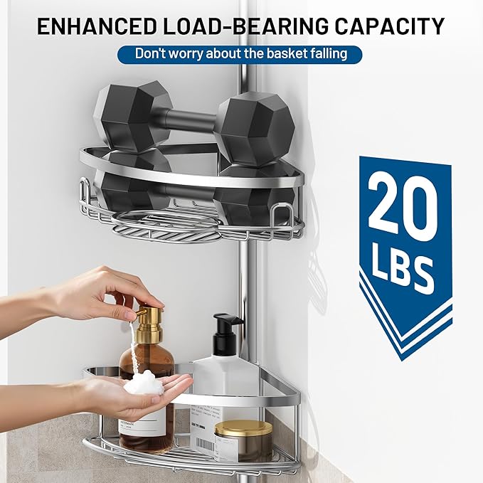 Corner Shower Caddy Tension Pole, 4 Tier Adjustable No Drill Rustproof Large Capacity Space-Saving Shower Shelves Organizer Storage Rack 45.29-119in for Bathroom Bathtub Family Renters, Chrome - Bloomnest