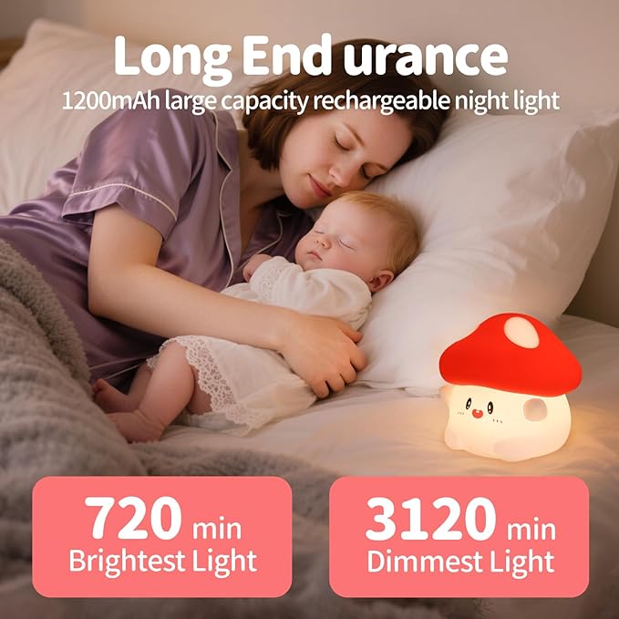 Mushroom Night Light Silicone - Color Changing Lamp, USB Rechargeable, Long Battery Life, Soft Squishy, Dimmable Brightness - Bedroom Decor, Cute Mushroom Gifts for Kids & Adults - Bloomnest