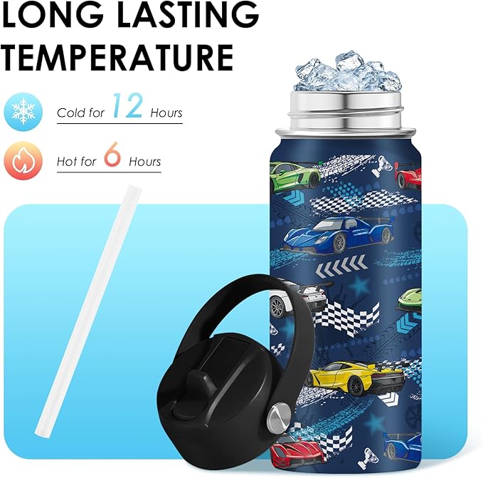 Racing Car Gifts 16 oz Water Bottle with Straw Lid, Stainless Steel Insulated Tumbler, Leak Proof, BPA - Free, Cool Racing Car Pattern Mug for Birthday, Christmas, Daily Use, Travel (1pc) - Bloomnest