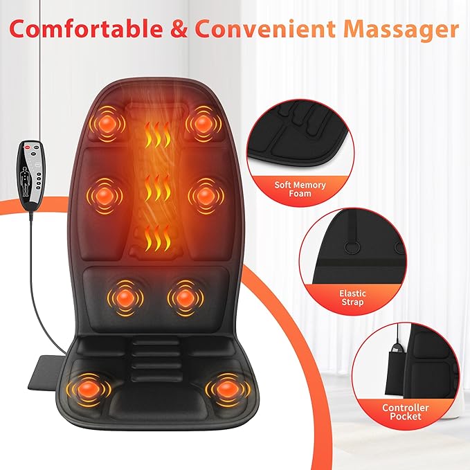 Back Massager with Heat, Massage Chair Pad with 5 Modes & 2 Heat Levels for Back & Thighs, Back Massage Pad for Office & Home Chairs, Gifts for Dad & Mom - Bloomnest