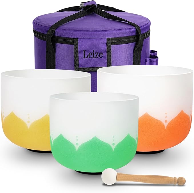 Leize 6-12 inch Lotus Design Chakra Tuned 432hz Set of 7 Quartz Crystal Singing Bowls with Heavy Duty Carrying Cases and Singing Bowl Mallet Suede Strikers