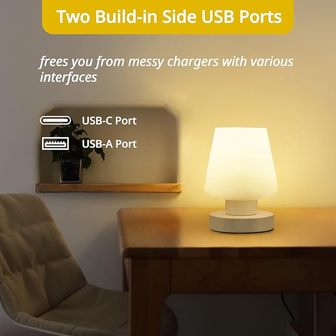 Touch Bedside Lamp, Mini Stepless Dimmable Table Lamps for Bedroom for Night Stands, Small Desk Lamp with Brightness Memory, USB Charging Ports, Warm LED Bulb, White, Conical Shape, 1 Set - Bloomnest