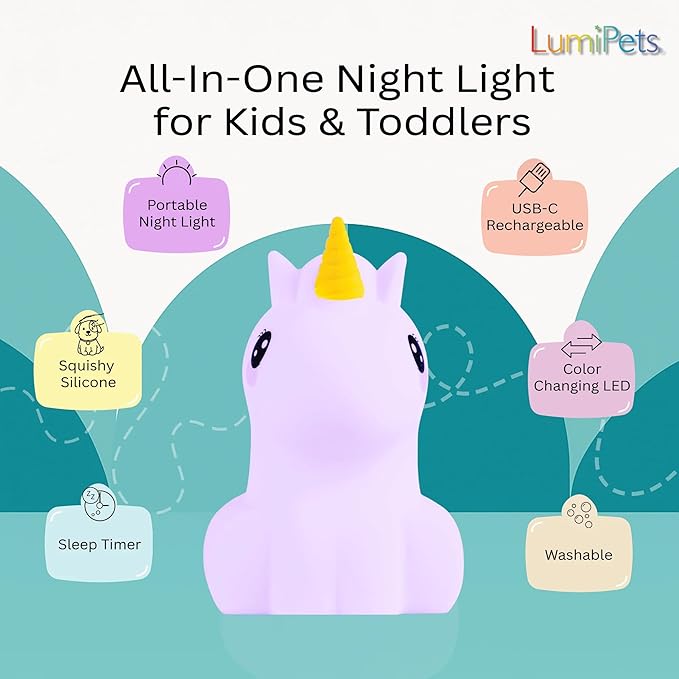 Lumipets Remote Control Silicone Night Light for Kids - Unicorn Design with 9 Soft Colors & Sleep Timer - Rechargeable, Battery-Operated Lamp for Bedroom | Baby Nursery, Toddler, Girls, Boys - Bloomnest