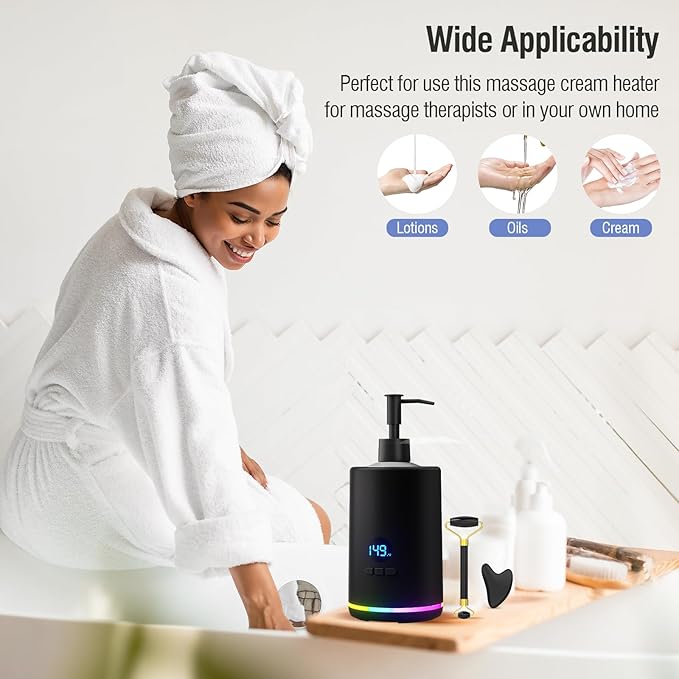 Massage Oil Lotion Warmer, Massage Oil Heater for SPA Massage Therapy and Personal Use, Portable Body Oil Warmer Dispenser with Two Massage Bottles, Adjustable Temperature(86-149°F), Black - Bloomnest