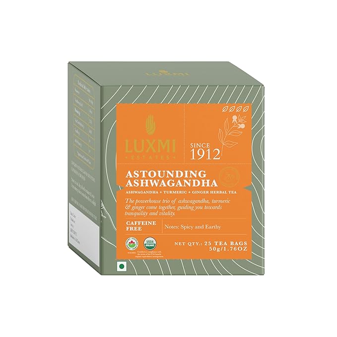 Luxmi Estates Astounding Ashwagandha Organic Ashwagandha Tea (25 Tea Bags) Caffeine Free Tea Bags For Sleep, Relaxing, Calming, and Stress Relief, With Certified Organic Herbal Tea - Bloomnest