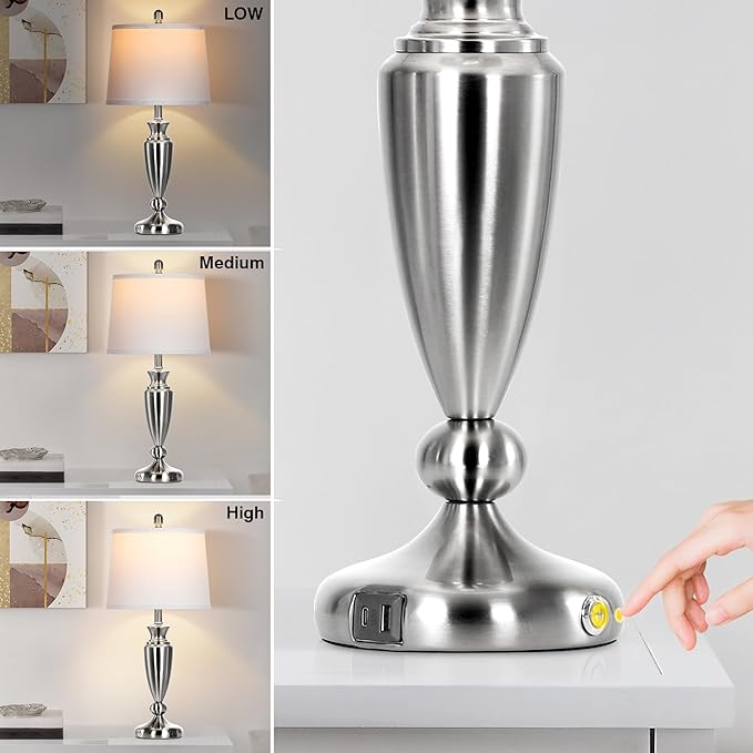 Metal Table Lamps Set of 2, 3 Way Touch Control Silver Bedside Lamps with USB A+C Ports, Modern Brushed Nickel Nightstand Lamps for Bedroom Living Room - Bloomnest