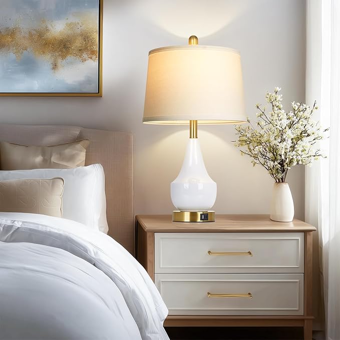 Modern White Table Lamp, 24" Ceramic Table Lamp with USB A+C Ports,Classic Beside Lamps Nightstand Lamp Modern Lamp for Living Room, Bedroom & Office -LED Bulbs Included - Bloomnest