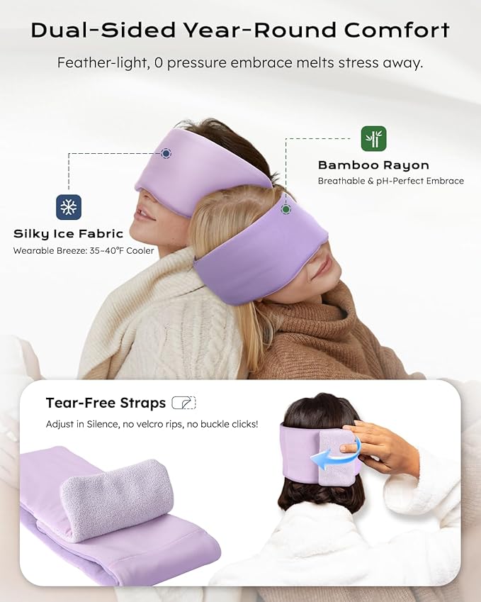Dual-Sided Sleep Mask for Side Sleepers, Soundless Velcro, Bamboo Fiber & Milk Silk Eye Mask, Zero Pressure Sleeping Mask for Women & Men, Eye Relief Blindfold for Nap, Travel Essentials, Purple