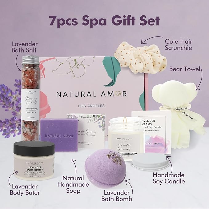 Natural Amor Lavender Spa Gifts for Women,7pcs Self Care Box Including Soap Bar, Candle, Bath Butter - Bloomnest