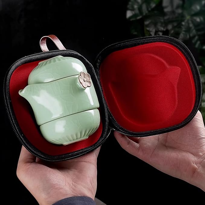 Travel Tea Set Ceramic Tea Pot Set Chinese Kung Fu Teapot Porcelain Gongfu Teacups with Infuser, Portable Bag 1 Pot 2 Mini Cup All in One for Home Office Outdoor Picnic Camping Hotel