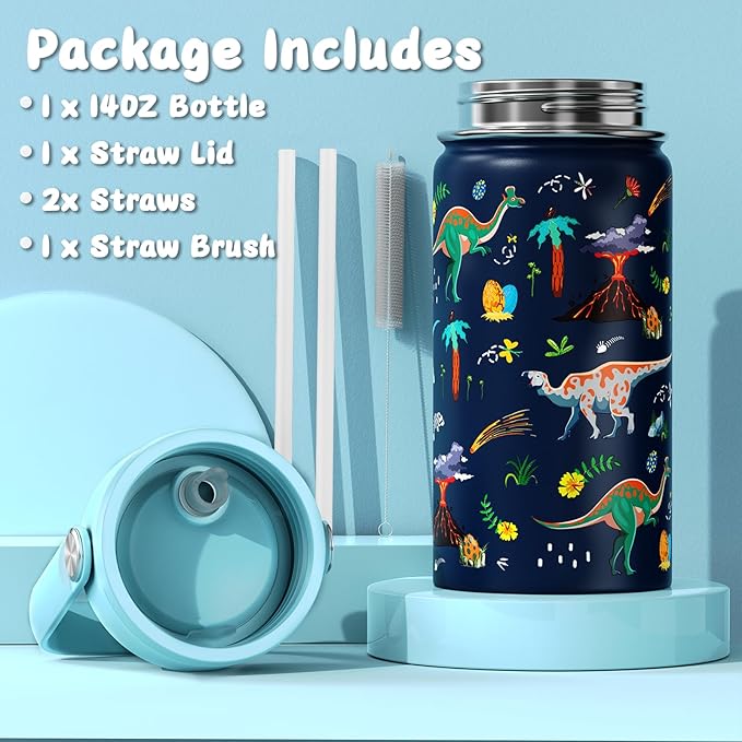 14oz Kids Insulated Water Bottle with Straw Lid - 18/8 Stainless Steel Kid Cup Travel Tumbler Double Wall Vacuum Leak Proof Portable Toddler Water Bottle (Dinosaur) - Bloomnest