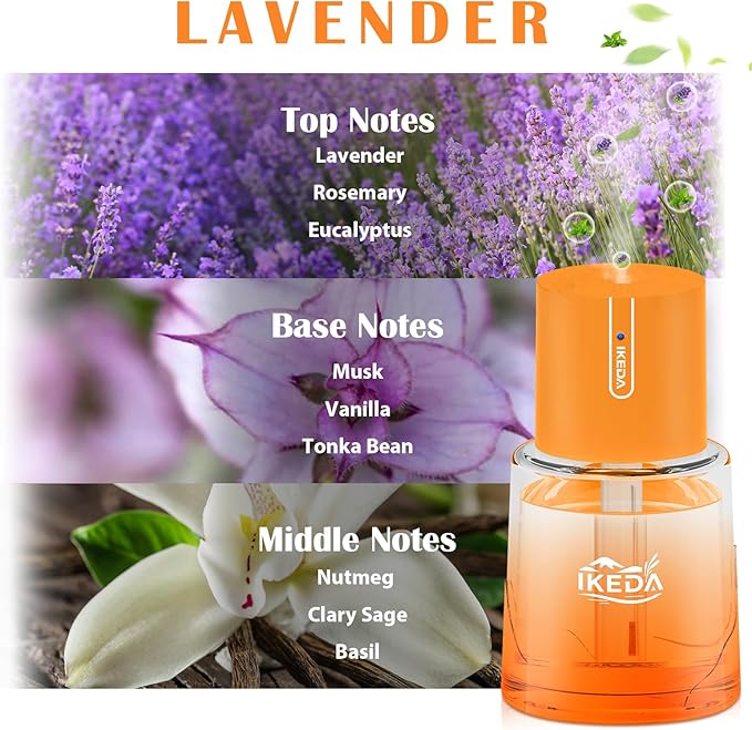 Ikeda Fragrance Smart Car Air Freshener,100ml Essential Oil Diffuser Aroma Diffuser, 3 Mode Adjustable Mini Scent Spray for Car with Touch Switch, Automotive Humidifier for Gift(Orange, Lavender) - Bloomnest