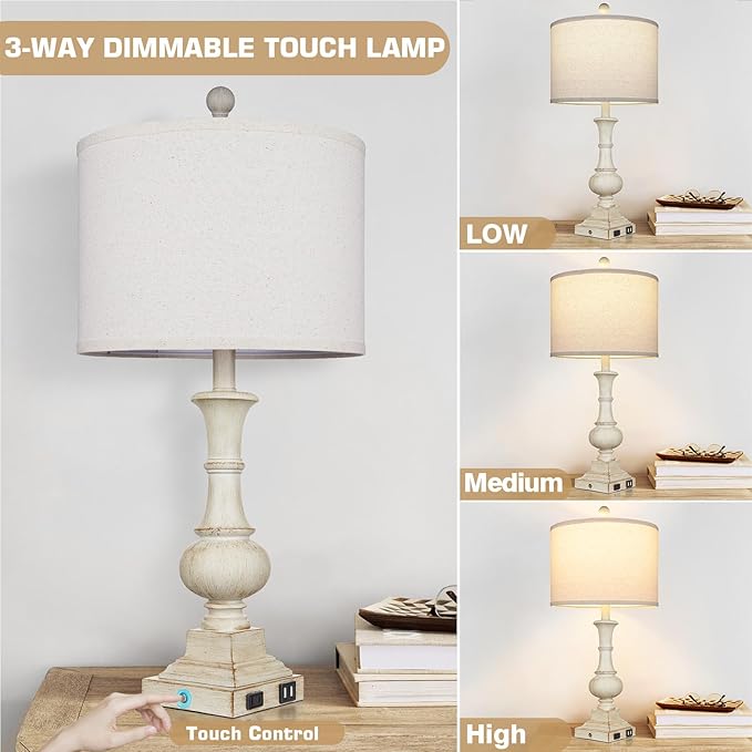 26" Farmhouse Table Lamps Set of 2, Rustic Touch Control Bedside Lamps with 2 USB Ports & AC Outlet, Vintage White Resin 3-Way Dimmable Nightstand Lamp Linen Fabric Shade for Living Room Bedroom Decor - Bloomnest
