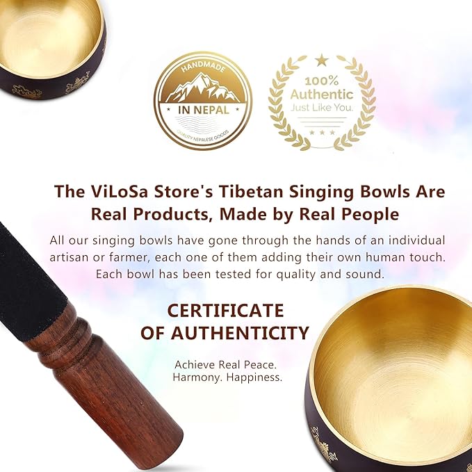 Tibetan Handmade Singing Bowl—Meditation Sound Bowl Handcrafted in Nepal with Striker &2 PC Cushion -ENHANCES YOGA, MEDITATION, PRAYER Mindfulness, and Stress Relief Unique Spiritual Gifts (4") ViLoSa