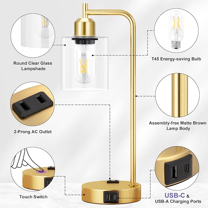Innqoo Industrial Gold Table Lamp for Bedrooms Set of 2-3-Way Dimmable Desk Lamp with USB C+A Ports and Outlet, Gold Lamps with Clear Glass Shade for Living Room, Desk Lamps for Home Office - Bloomnest