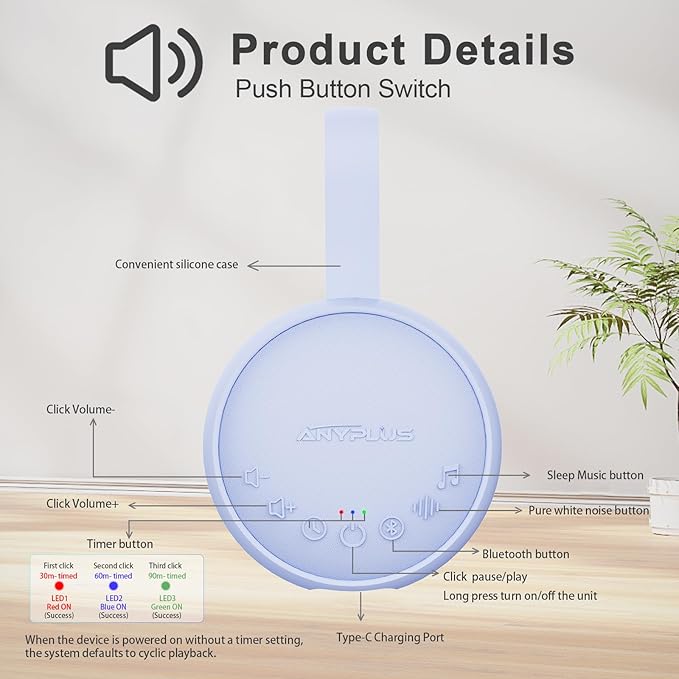 White Noise Machine for Sleeping Adults & Baby, Portable Sound Machine with 24 Soothing Sounds, Bluetooth 5.1, Battery Powered, 3 Timer Settings, Memory Function for Home, Office, Travel (Purple)