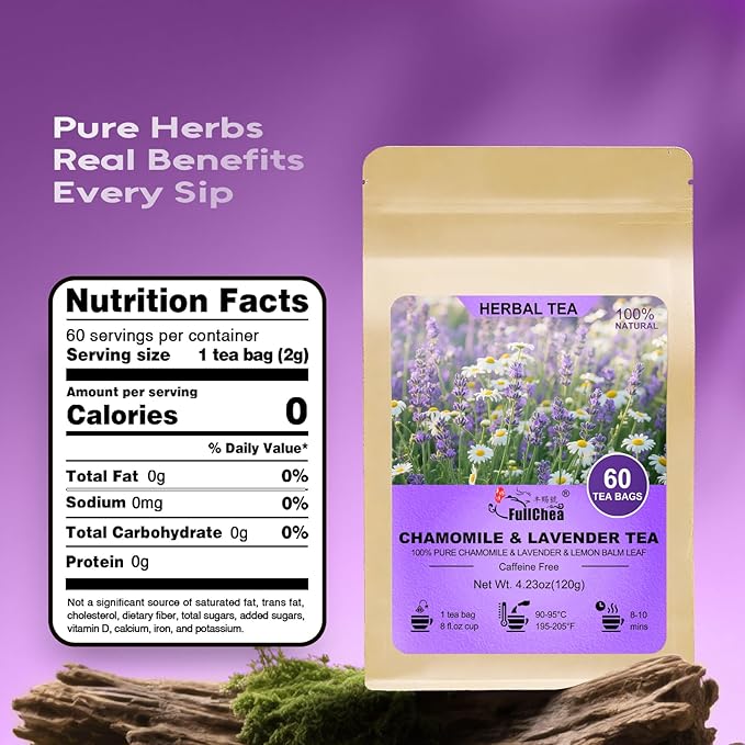FullChea - Chamomile Lavender Tea Bags for Relaxation & Better Sleep - 60 Count - Caffeine-Free Blend Herbal Tea - Premium Chamomile & Lavender Flowers - Bloomnest