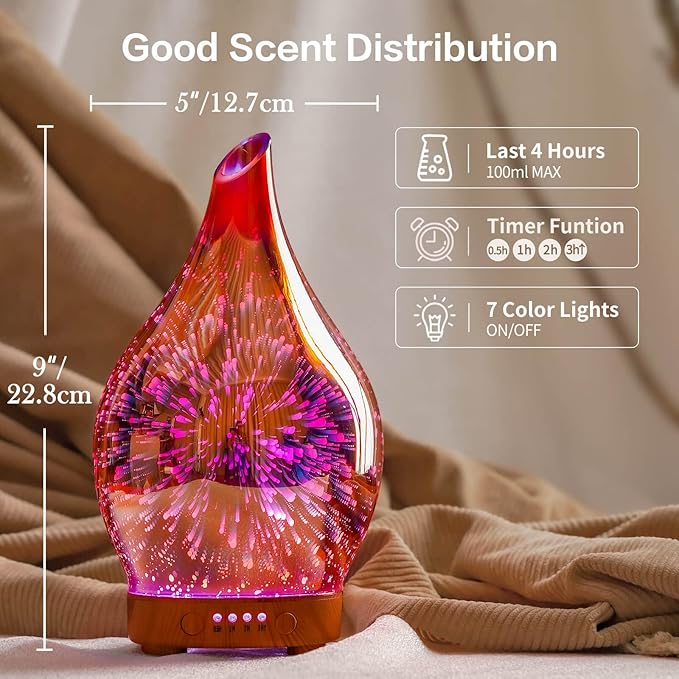 Porseme Essential Oil Diffuser 3D Firework Glass Aromatherapy Ultrasonic Humidifier Rose Gold,Auto Shut-Off,Timer Setting,BPA Free,Aroma Decoration for Home,Office,Gym,Spa,Premium Gift 100ML Porseme
