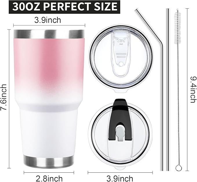 30 oz Tumbler with Lids and Straws Double Wall Vacuum Insulated Tumbler Cup,Stainless Steel Leak-proof Thermal Tumbler Powder Coated Travel Coffee Mug for Cold and Hot Drinks,Pink White - Bloomnest