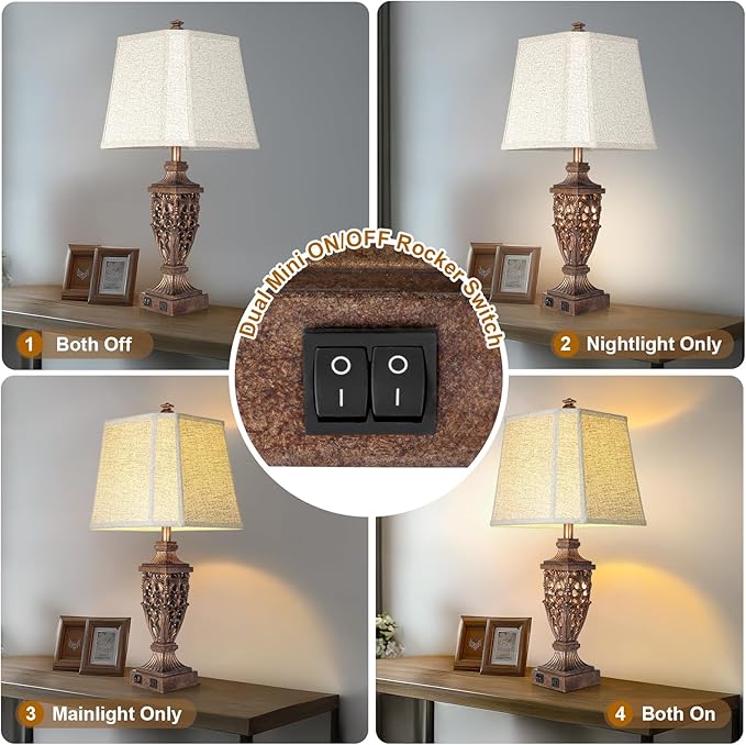 28.5" Vintage Bronze Table Lamps Set Of 2 with Night Light,Lamps for Nightstand with Beige Linen Cut Corner Shade,Bedside Lamp with USB A+C Ports for Bedrooms,Living Room,Office,Hotel(Bulb Included) - Bloomnest